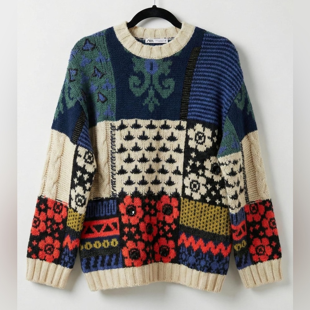Zara Patchwork Knit Sweater Limited Edition Size S